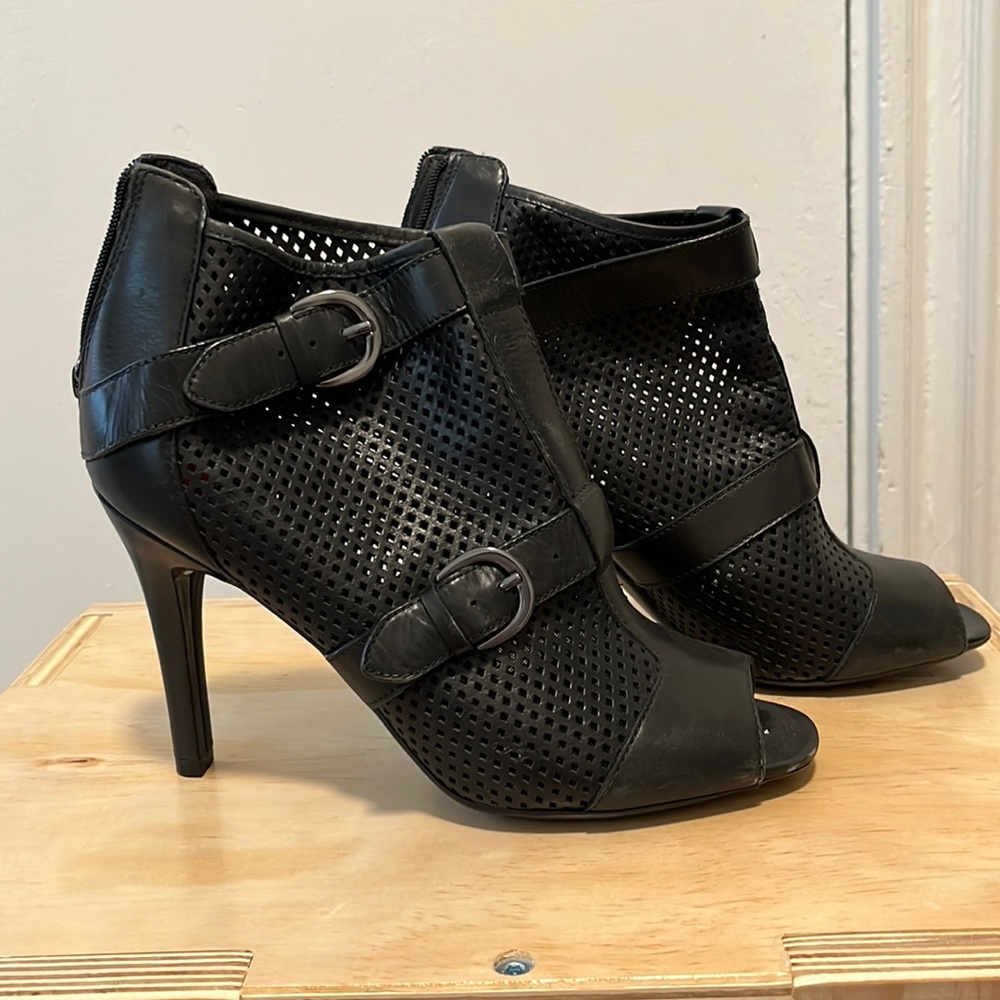 Black perforated leather “caged” booties. Real leather. Size 8.5